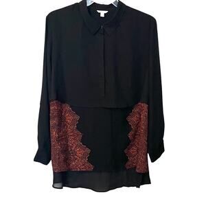 CATO LONG TAB SLV, BUTTONS, HI-LOW CAPE BLOUSE, WOMENS, 22/24W, Black & ORANGE